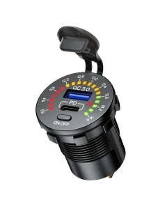 BIKETEC MOTOCYKLOWE PODWÓJNE GNIAZDO USB Typ-C + USB QC 3.0 - 40 W POWER DELIVERY Z WOLTOMIERZEM MONTAŻ NA POWIERZCHNIE PŁASKĄ (OWIEWKA, KUFER) LUB NA KIEROWNICE - POTRZEBNY ADAPTER BTMUS28