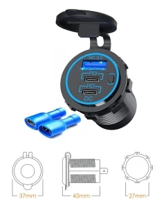 BIKETEC MOTOCYKLOWE POTRÓJNE GNIAZDO USB QC 3.0 X 1 I PD X 2 - 54 W POWER DELIVERY MONTAŻ NA POWIERZCHNIE PŁASKĄ (OWIEWKA, KUFER) LUB NA KIEROWNICE - POTRZEBNY ADAPTER BTMUS28