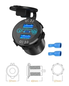 BIKETEC MOTOCYKLOWE POTRÓJNE GNIAZDO USB QC 3.0 X 2 I PD X 1 - 54 W POWER DELIVERY MONTAŻ NA POWIERZCHNIE PŁASKĄ (OWIEWKA, KUFER) LUB NA KIEROWNICE - POTRZEBNY ADAPTER BTMUS28