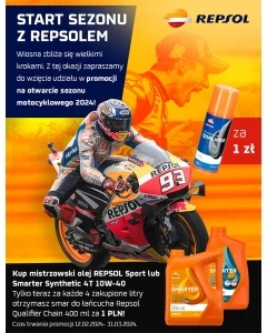 PROMOCJA REPSOL OLEJ SILNIKOWY 4T SMARTER SYNTHETIC 10W40 1L MA2 SYNTETYCZNY + REPSOL SMAR DO ŁAŃCUCHA QUALIFIER CHAIN 400ML - 1SZT