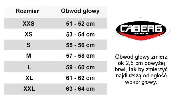 Tabela rozmiarów kasków motocyklowych CABERG